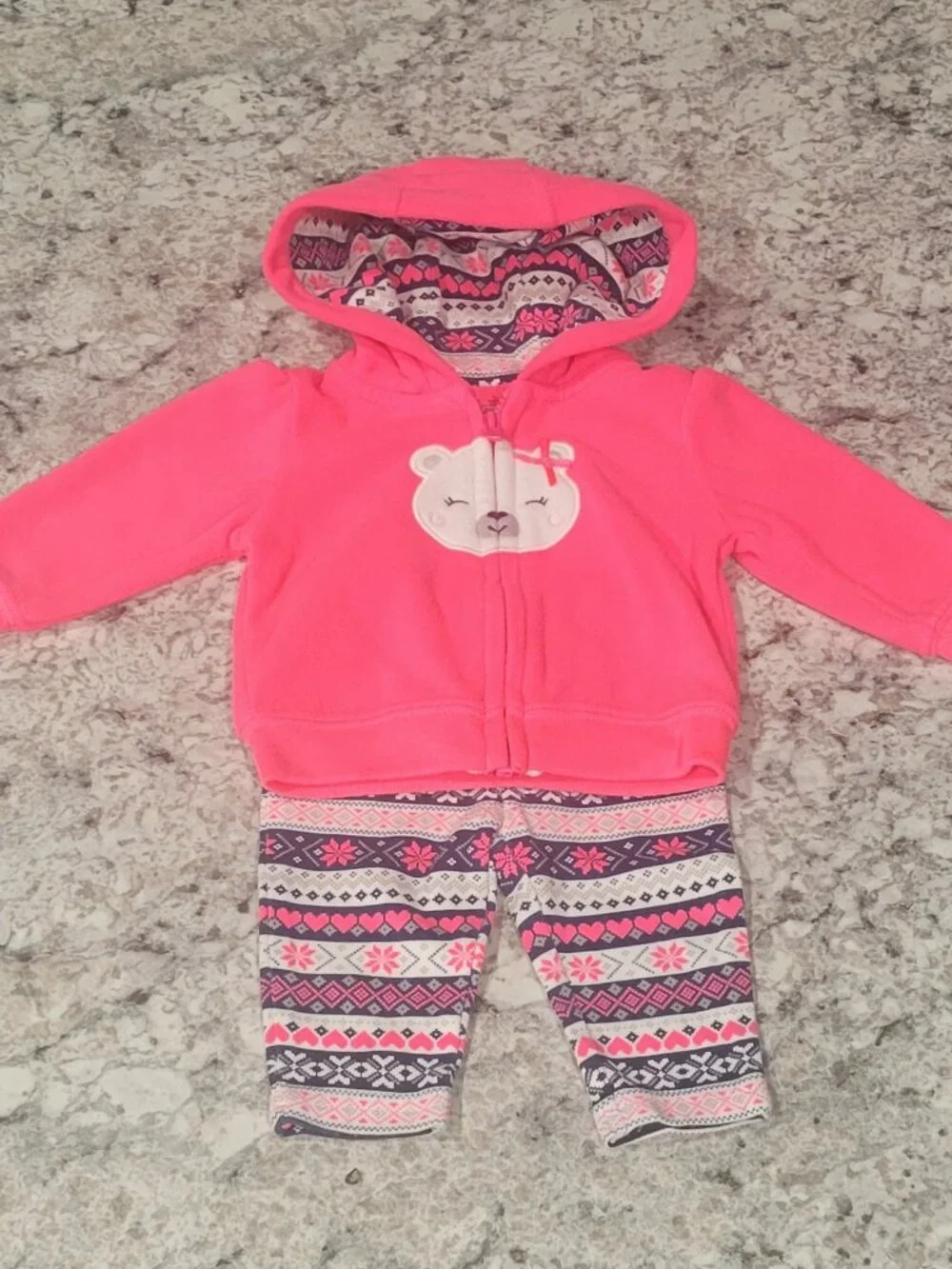 Carter's Just One You NB 2 Pc Bear Hoodie Leggings Set Pink Fair Isle Baby Girl